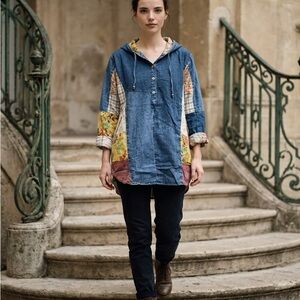 New - Young Threads Patchwork Hooded Denim Tunic - Blue